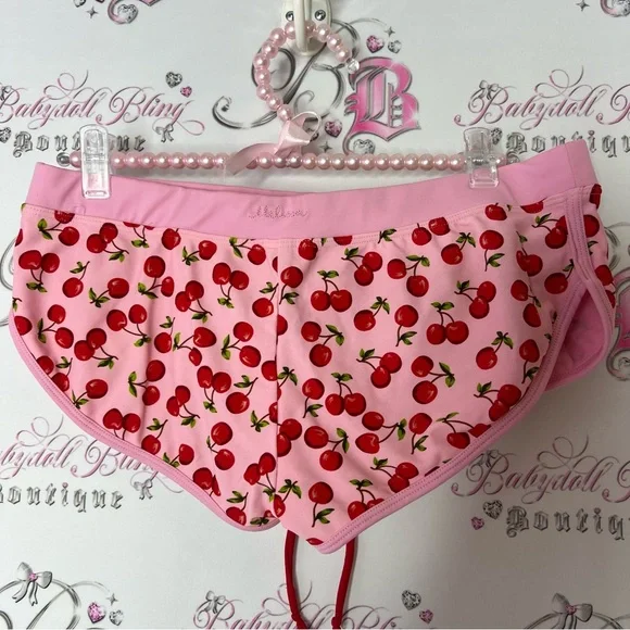 Melissa Pink and Red cherry Print mini booty Shorts tie up waist rare y2k swim - Picture 2 of 5